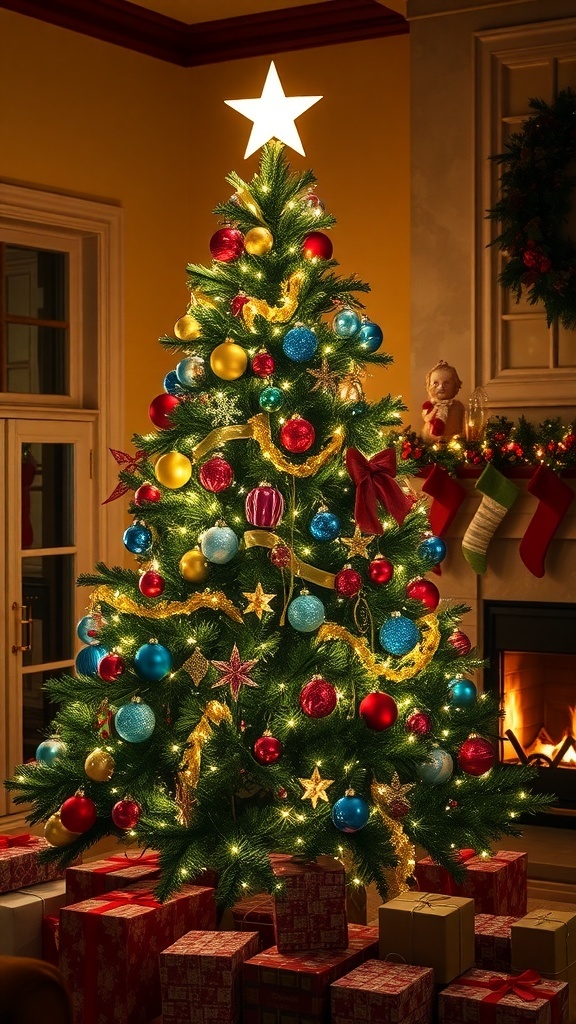 Festive Christmas Tree Decoration Guide A festive Christmas tree with lights and ornaments in a cozy living room.